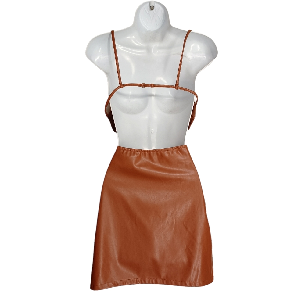 FASHION NOVA Brown Faux Leather Mid Cut Out Strappy Back Mini Bodycon Dress M - Picture 5 of 9